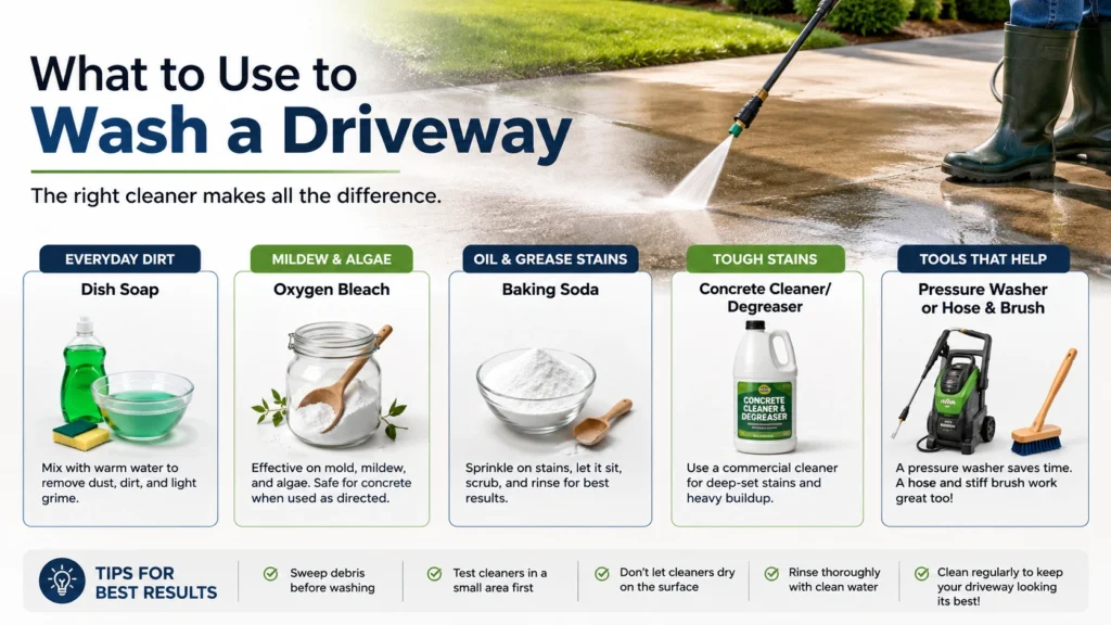 What to use to wash a driveway, including dish soap, oxygen bleach, baking soda, concrete cleaner, pressure washer, and brush