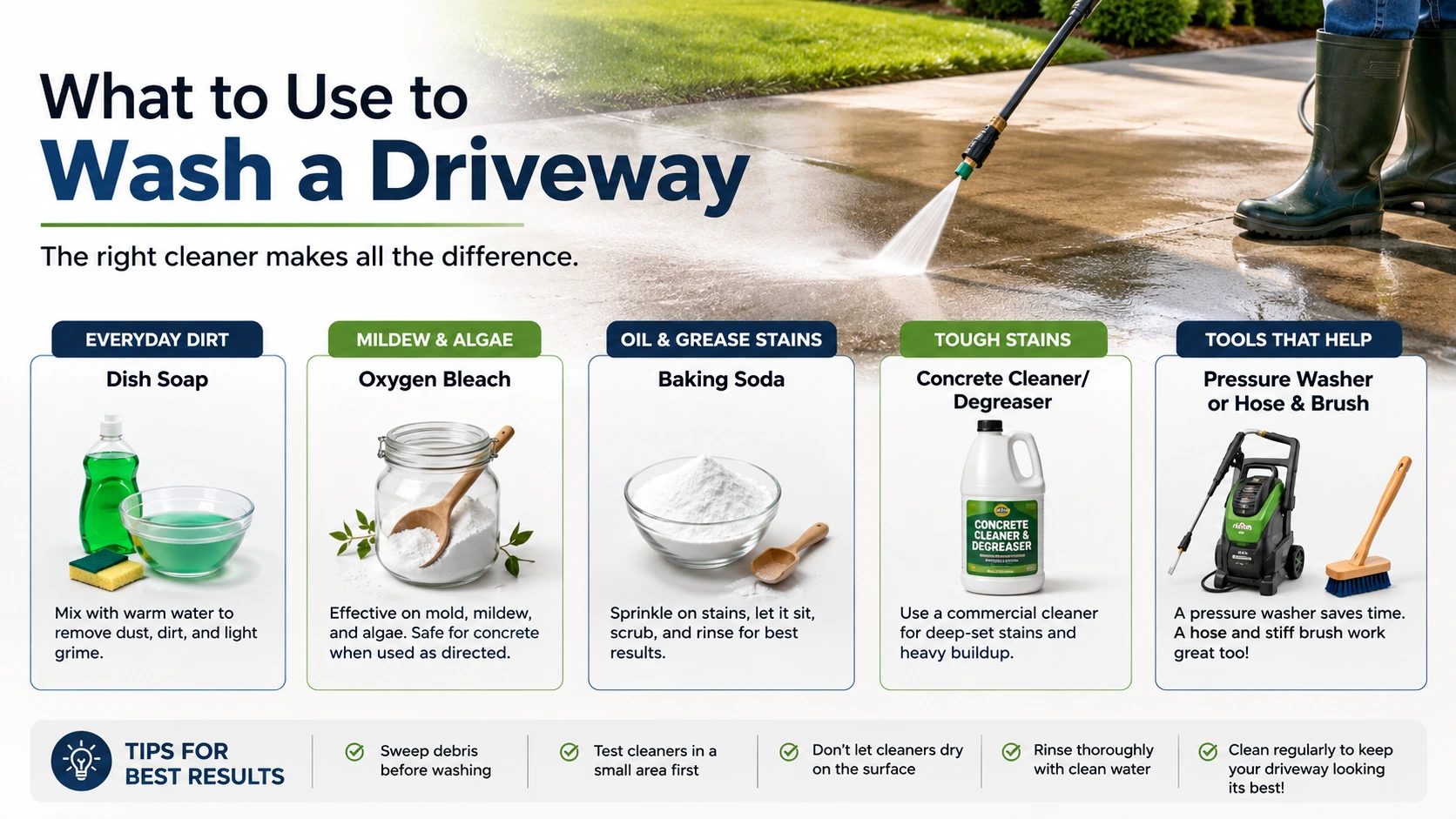 What to use to wash a driveway, including dish soap, oxygen bleach, baking soda, concrete cleaner, pressure washer, and brush