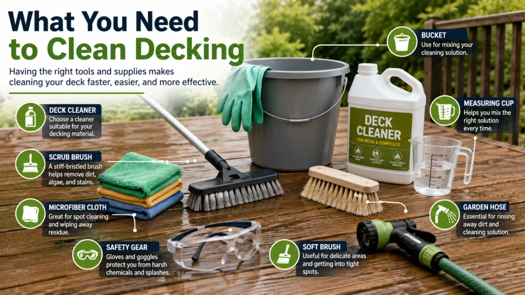 ssential tools and supplies needed to clean decking