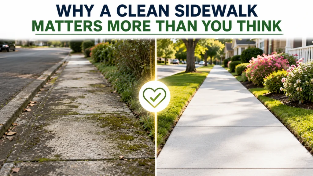 A split-screen comparison showing a dirty, moss-covered concrete sidewalk on the left and a clean, bright sidewalk surrounded by green grass and flowers on the right.