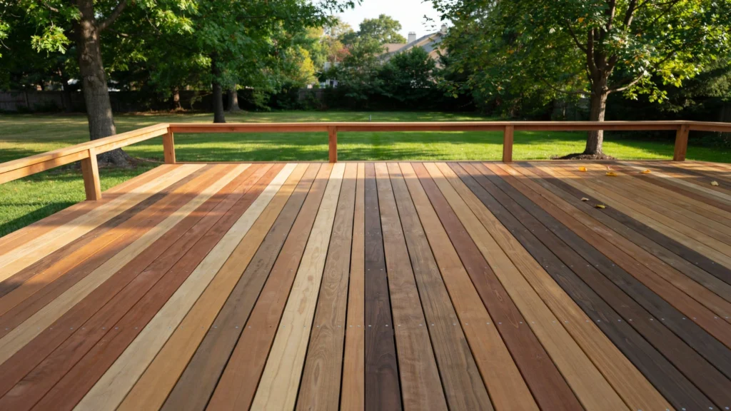 Wood deck with a simple horizontal top rail showing weathered dark boards transitioning to clean, light-toned wood